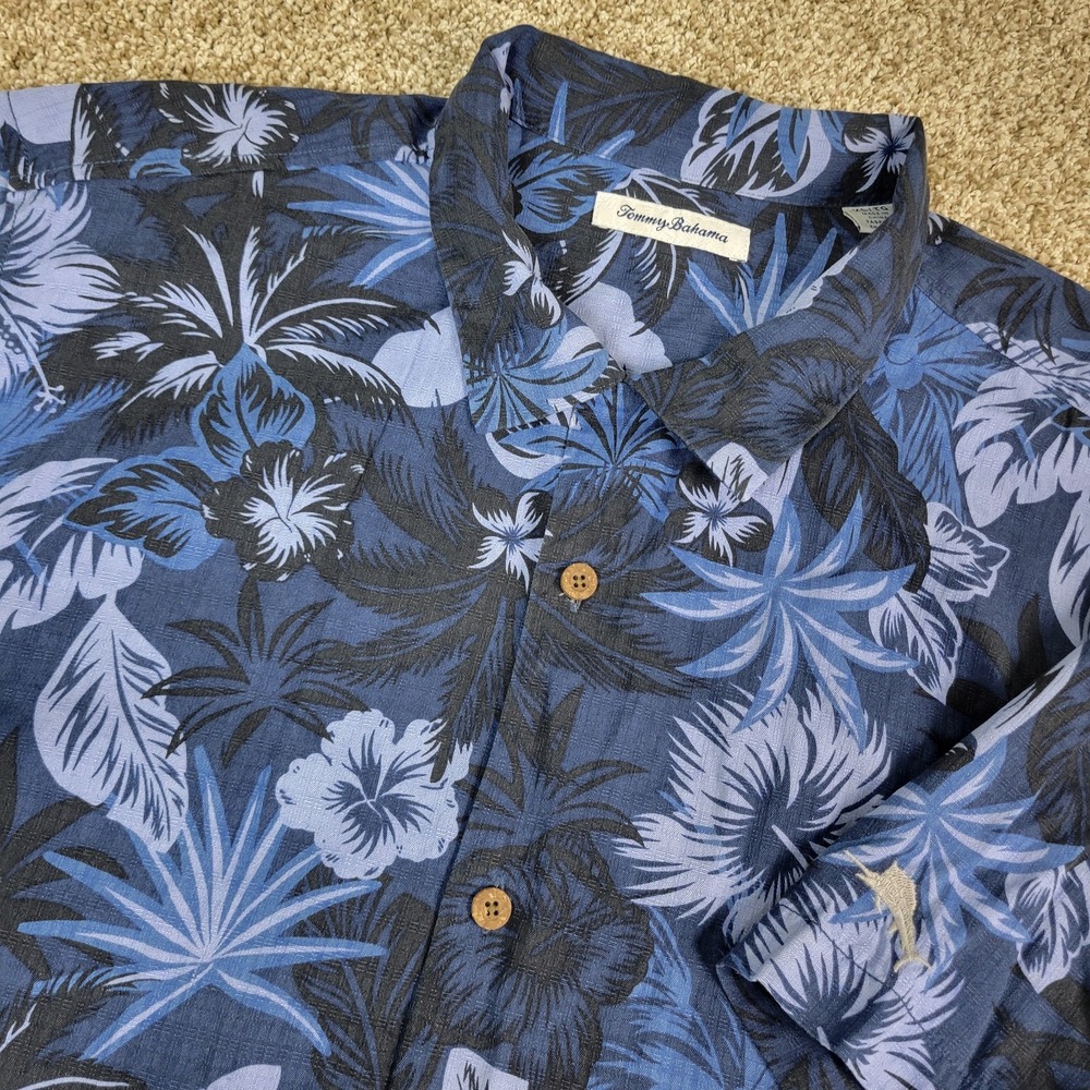 Tommy Bahama Mens XL‎ Blue AOP Floral Hawaiian Short Sleeve Shirt 100% Silk